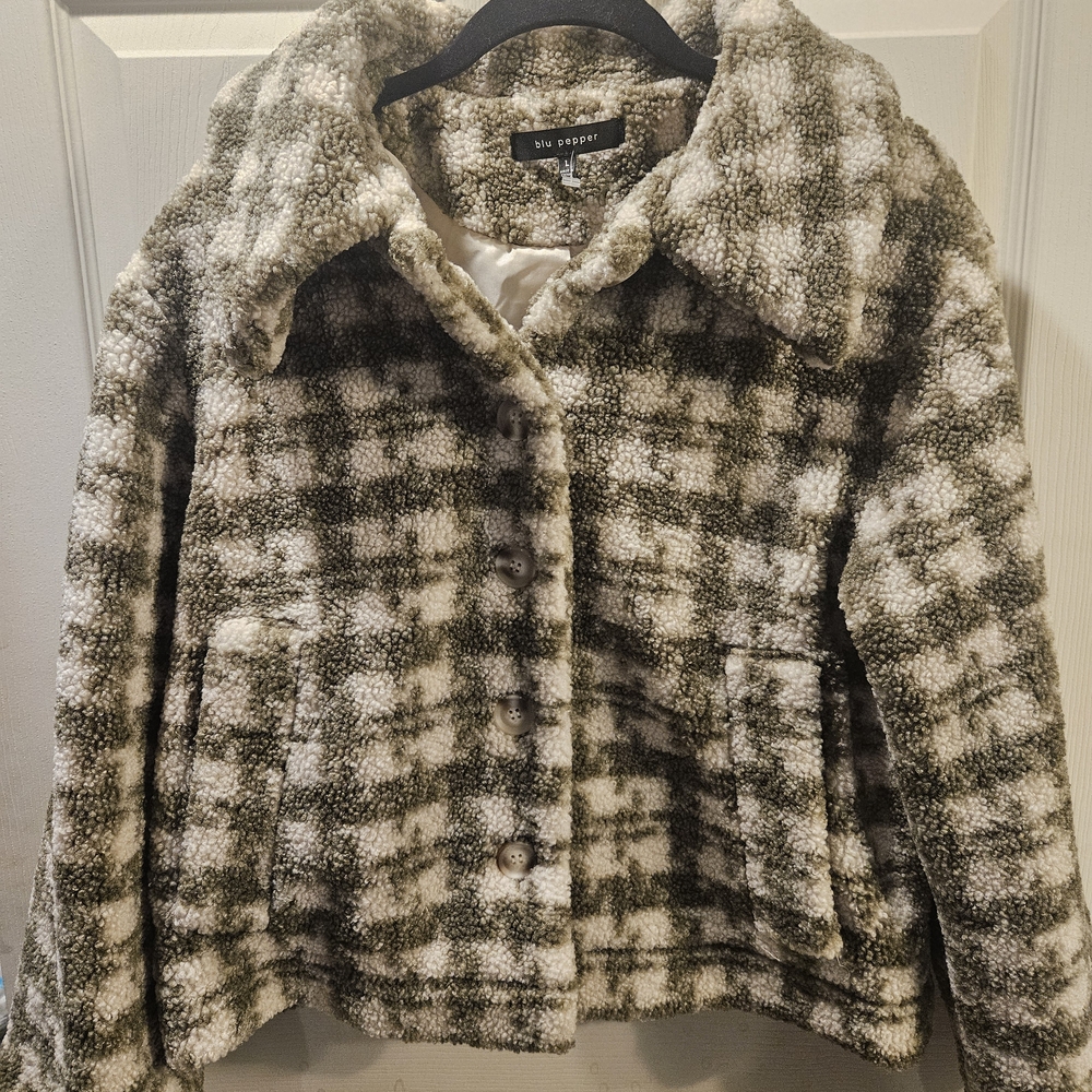 Blu Pepper Checkered Teddy Jacket - Green and Cream